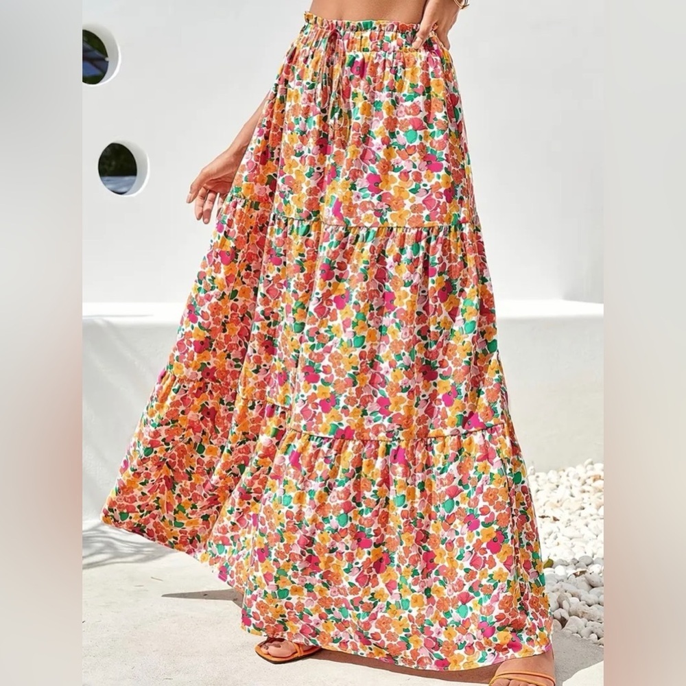 Bohemian Floral Tiered Maxi Skirt Size L NWT Cottagecore Colorful - Picture 5 of 7